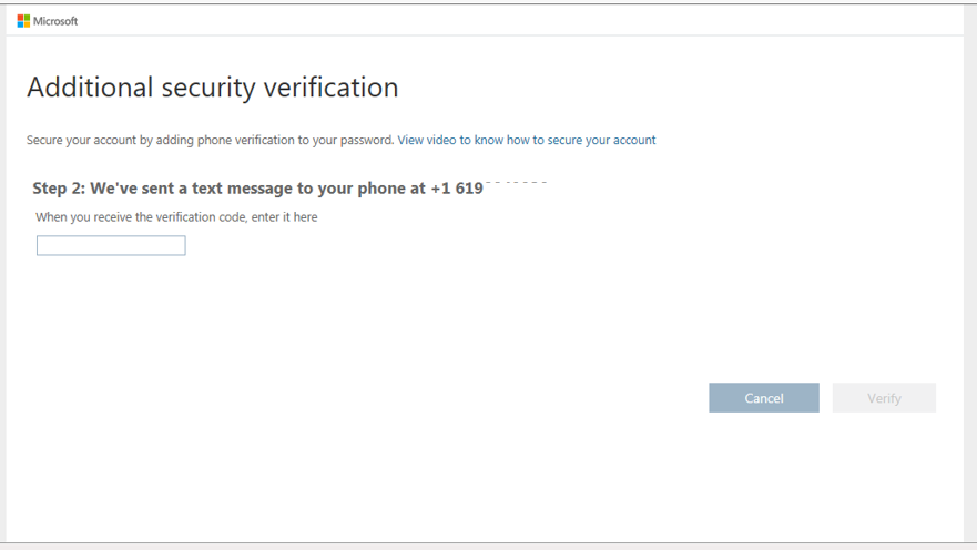 screenshot with field to enter the verification code